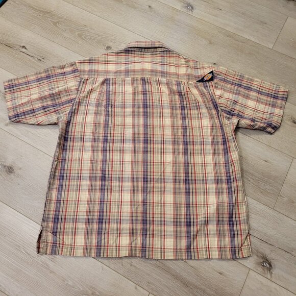 Mens Dickies Snap Button Logo Short Sleeve Shirt Sz M Striped Blue Tan - Picture 5 of 5